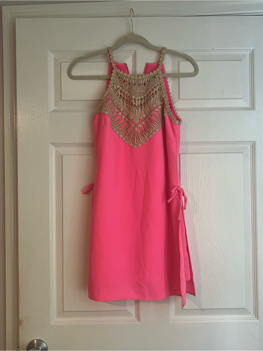 Lilly Pulitzer Pearl Romper in a vibrant hot pink hue